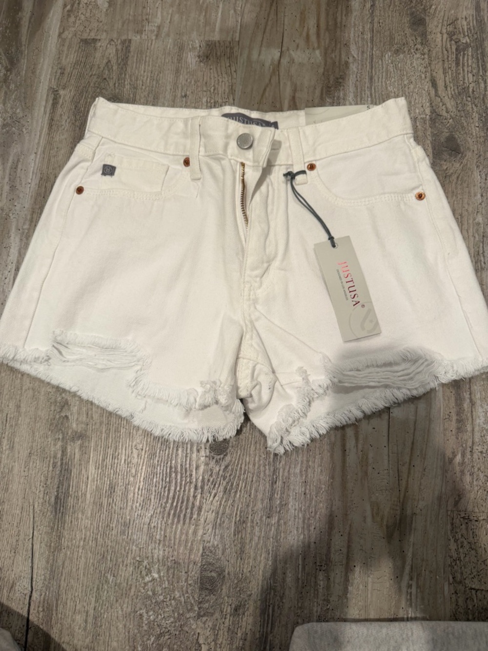 Ruby and Jenna Just USA White Frayed Hem Denim Shorts